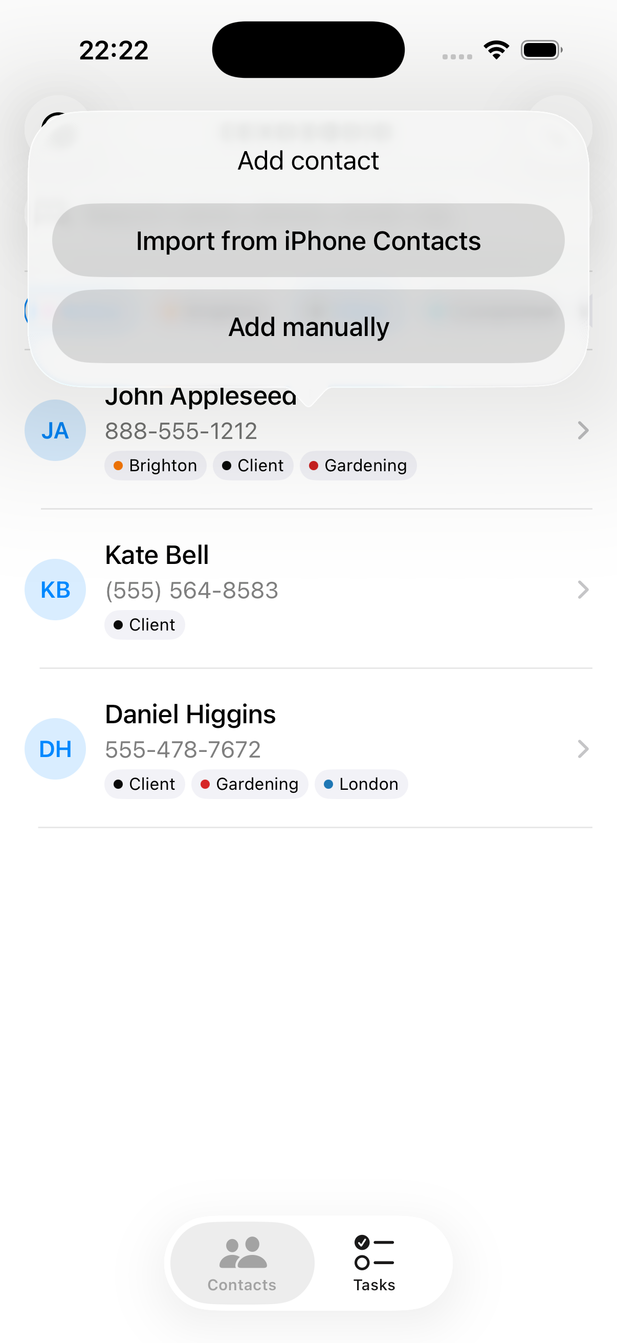LeadSquid add contact sheet with Import from iPhone Contacts and Add manually