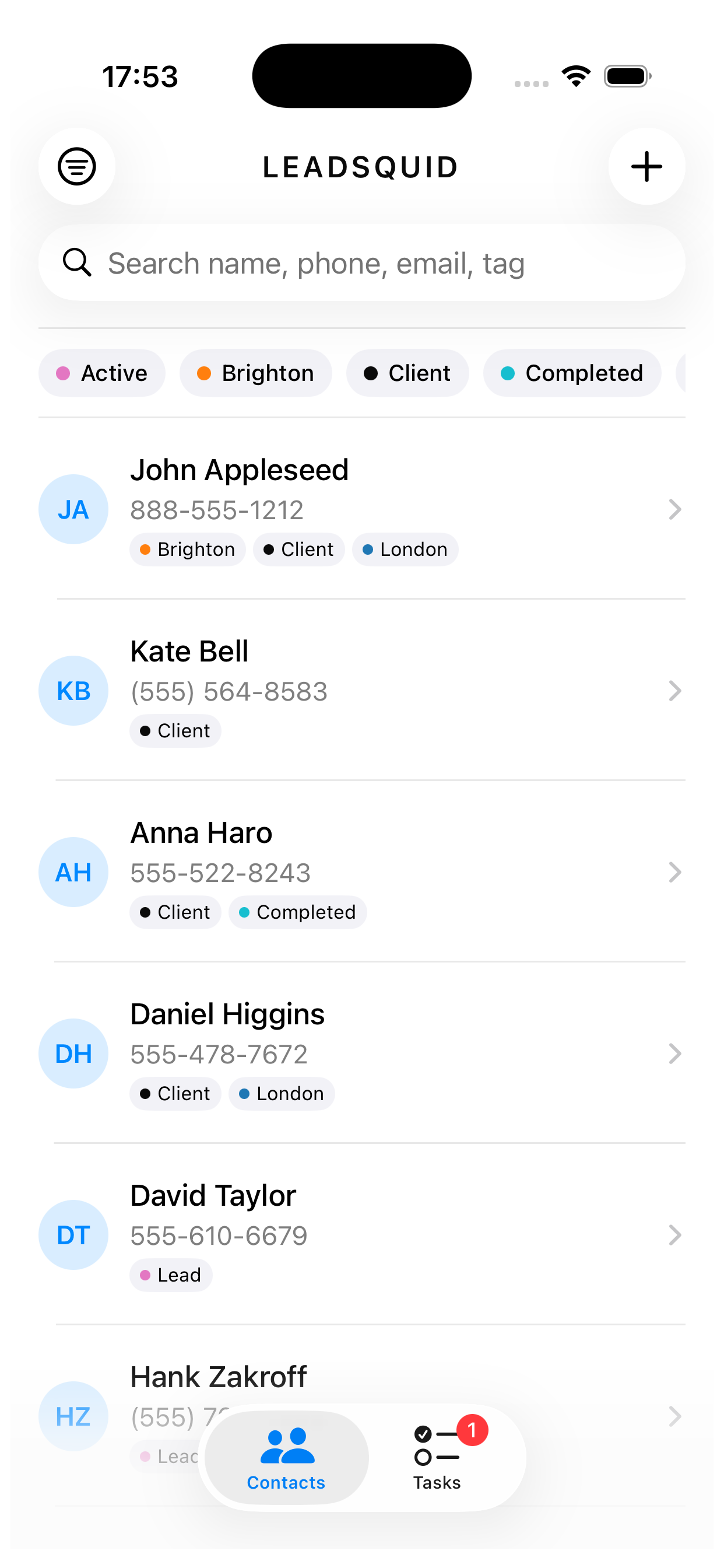 LeadSquid contacts list with tag filters