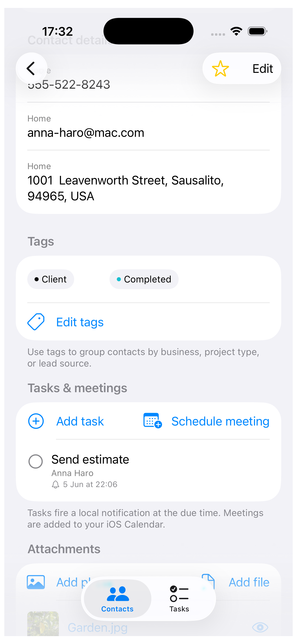 LeadSquid contact detail with tasks, attachments, activity, and notes