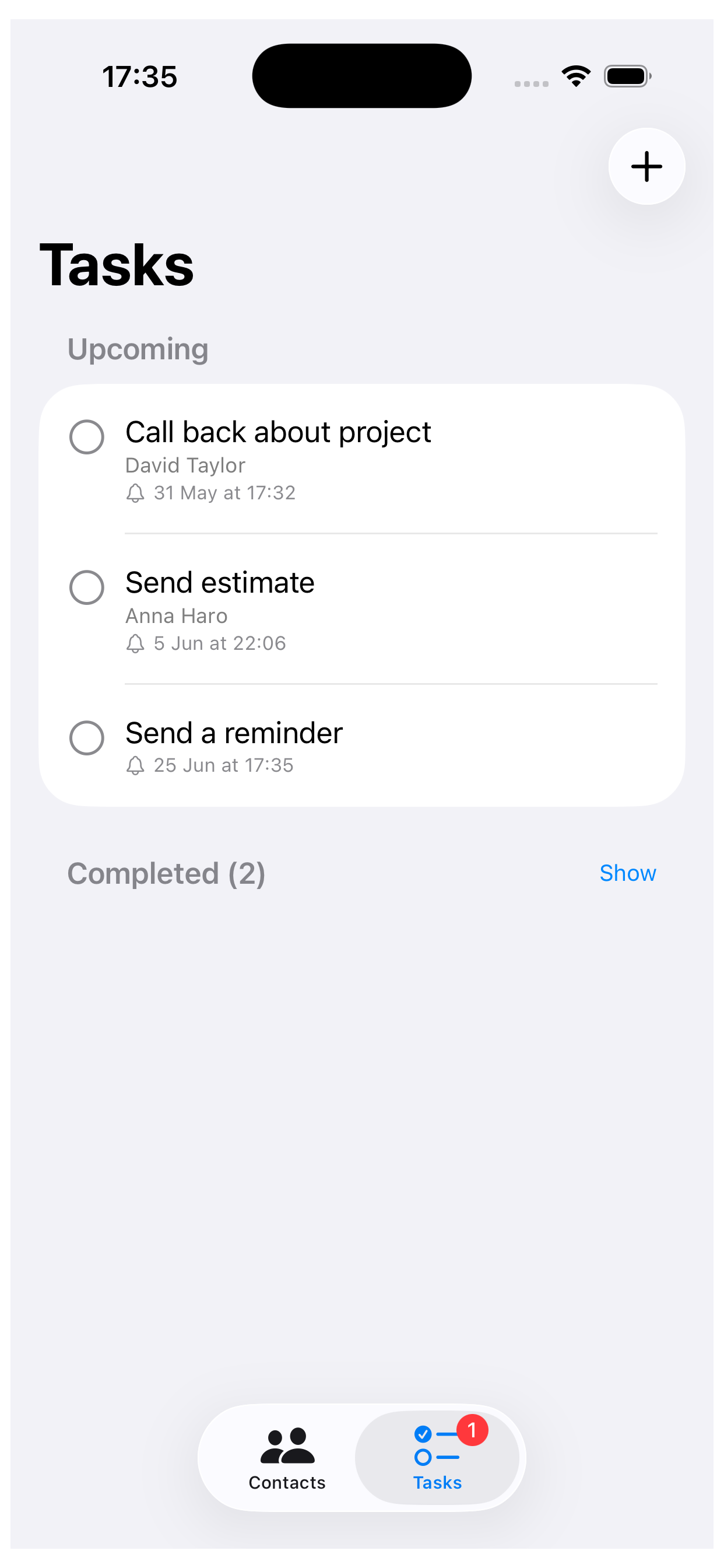 LeadSquid tasks tab with upcoming follow-ups